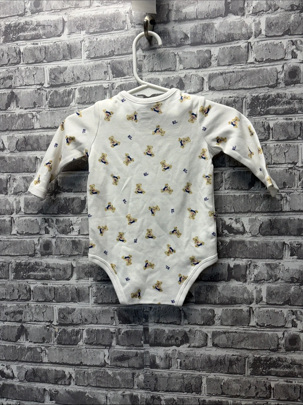 Ralph Lauren White Teddy Bear Print Long-Sleeve Baby One-Piece